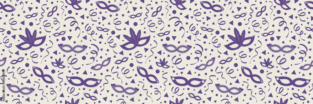 Concept of seamless pattern with party masks and serpentines. Vector Concept of seamless pattern with party masks and serpentines. Vector