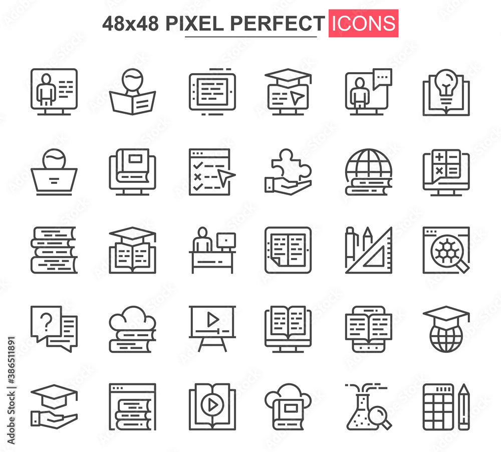 Online education thin line icon set. Distance learning outline pictograms for website and mobile app GUI. Online webinar, courses simple UI, UX vector icons. 48x48 pixel perfect pictogram pack. Online education thin line icon set. Distance learning outline pictograms for website and mobile app GUI. Online webinar, courses simple UI, UX vector icons. 48x48 pixel perfect pictogram pack.