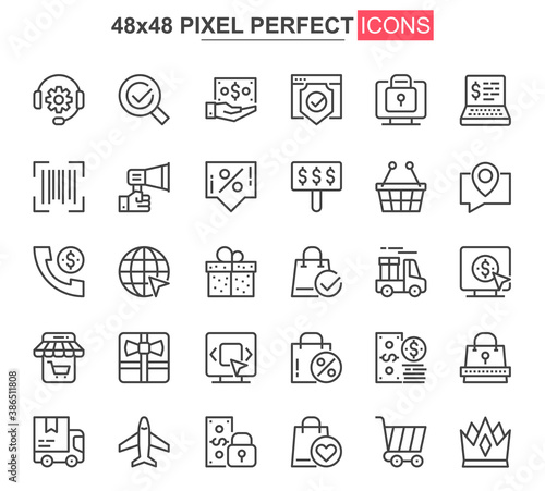 E-commerce thin line icon set. Online shopping outline pictograms for website and mobile app GUI. Order, payment and delivery simple UI, UX vector icons. 48x48 pixel perfect pictogram pack.
