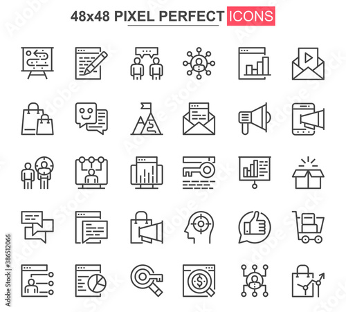 Digital marketing thin line icon set. Marketing research and strategy outline pictograms for web or mobile app. Business analytics simple UI, UX vector icons. 48x48 pixel perfect pictogram pack.