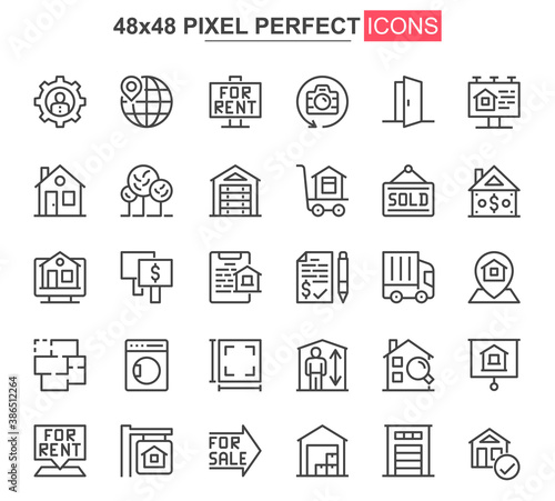 Real estate thin line icon set. Real estate agency outline pictograms for website and mobile app GUI. Building sale and rent simple UI, UX vector icons. 48x48 pixel perfect pictogram pack.
