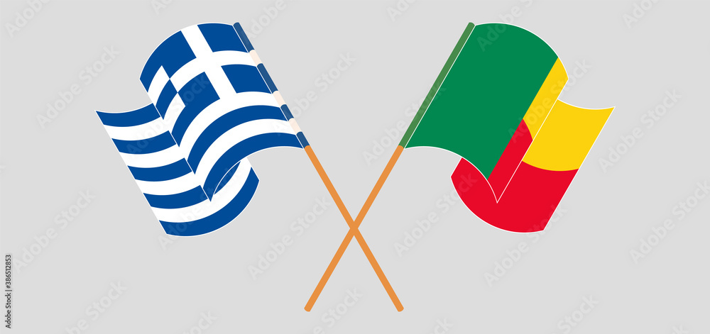 Crossed and waving flags of Benin and Greece Crossed and waving flags of Benin and Greece