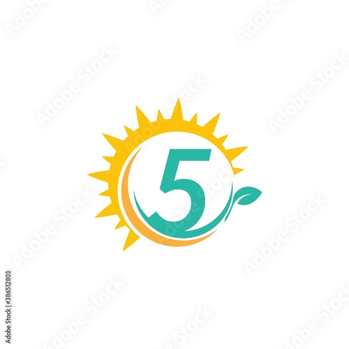 Number 5 icon logo with leaf combined with sunshine design