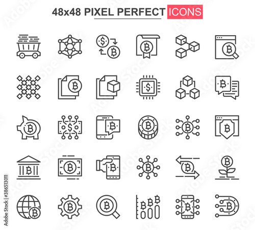 Bitcoin mining thin line icon set. Cryptocurrency fintech outline pictograms for web and mobile app GUI. Blockchain technology simple UI, UX vector icons. 48x48 pixel perfect pictogram pack.