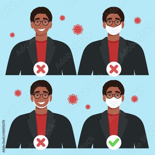 How to properly and correctly wear a mask. Coronavirus COVID-19 pandemic concept. Man in mask. Vector illustration in flat style