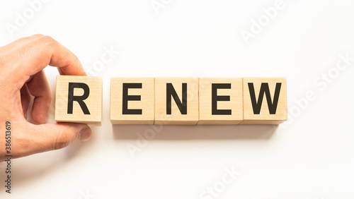 Word Renew made with wood building blocks, stock image