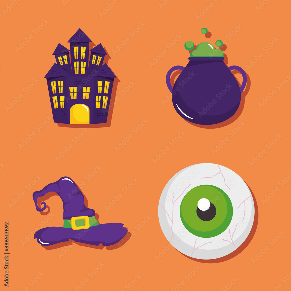 icon set of horror castle and happy halloween