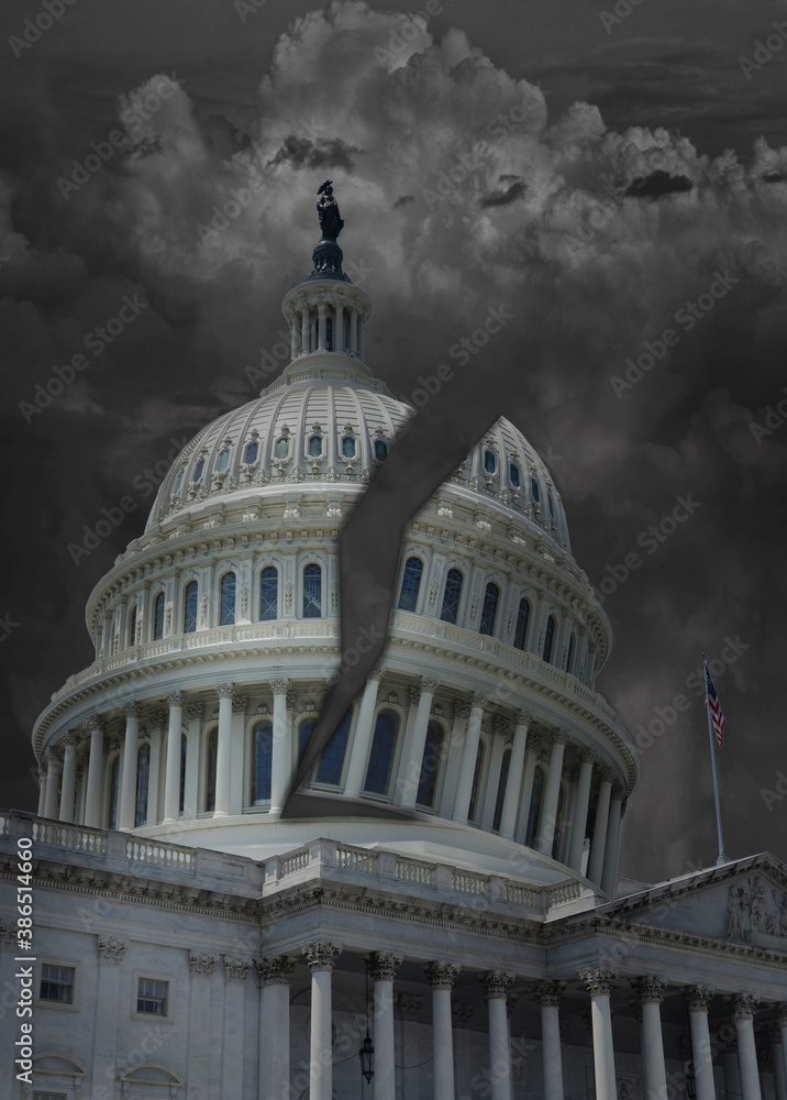 The Capitol building in Washington DC with dark storm clouds and split dome