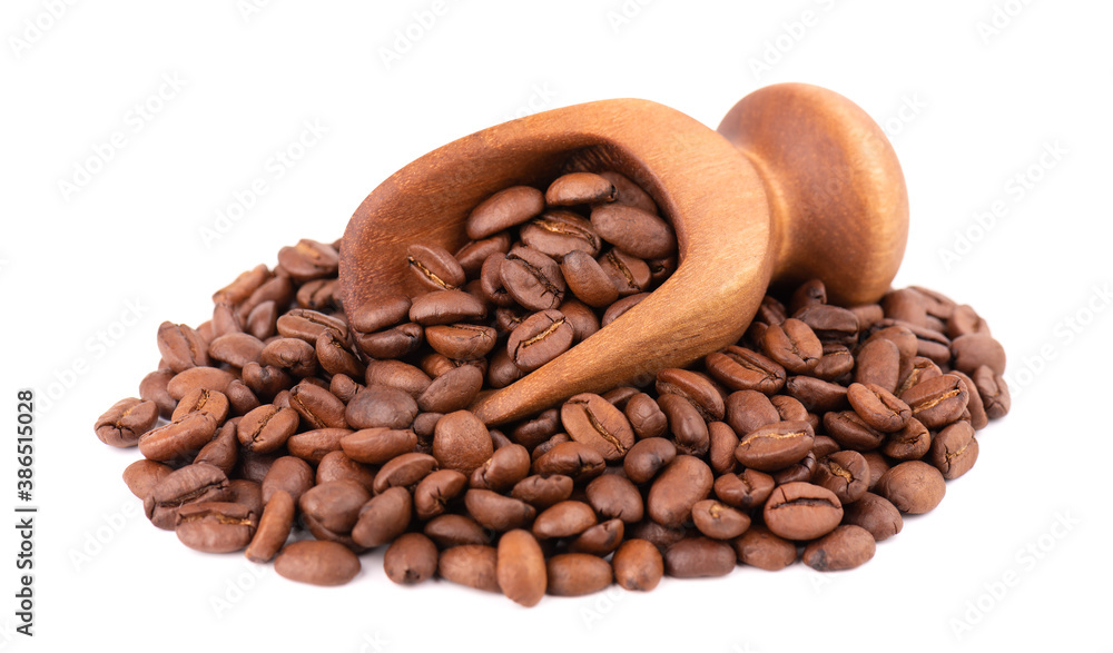 Fototapeta premium Coffee beans isolated on white background. Roasted arabica coffee beans in wooden scoop.