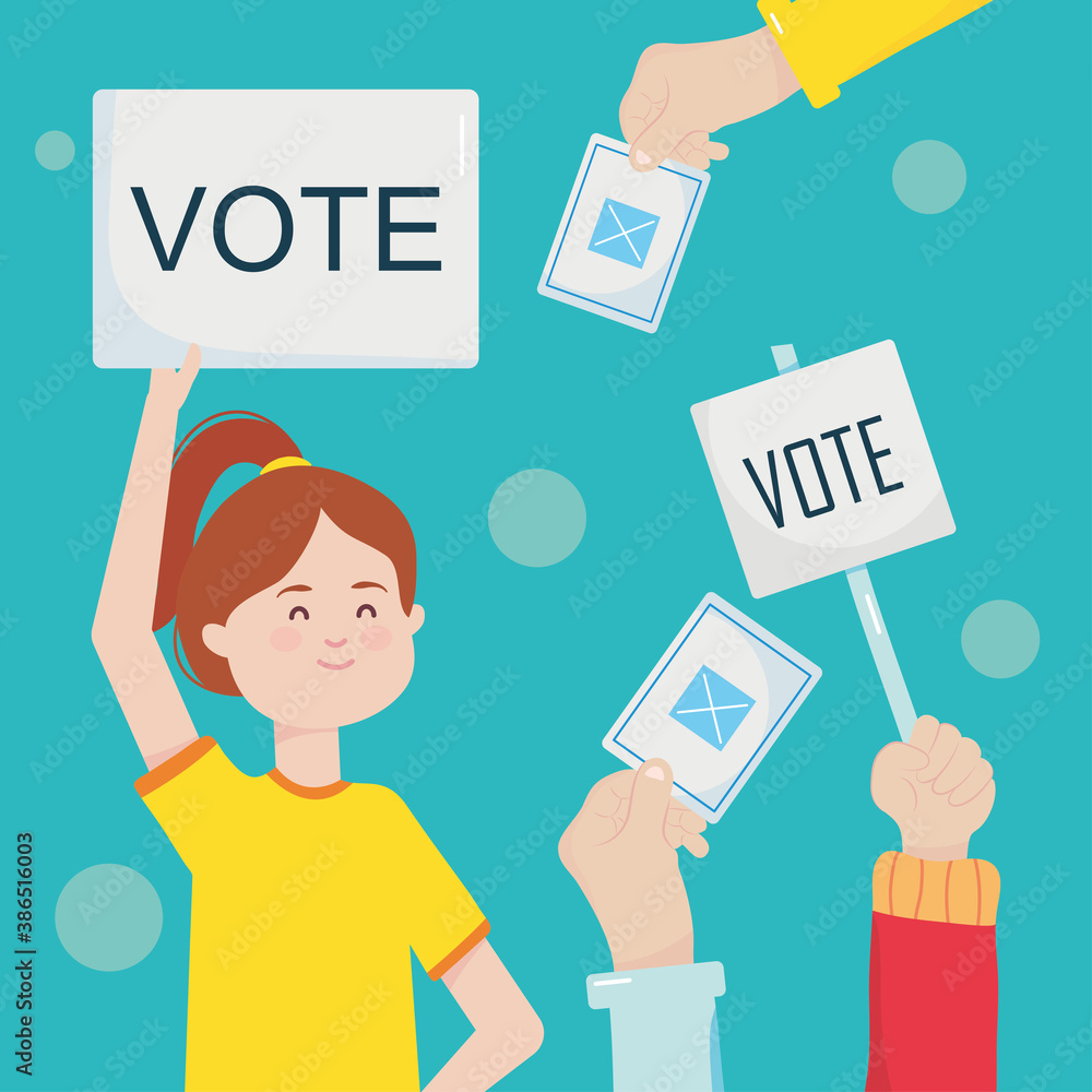 election day concept, cartoon happy woman holding a vote placard and hands holding a ballot papers, colorful design