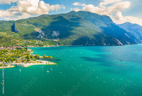Aerial view at Linfano and Torbole village at lake Garda, Italy. on a beautiful summer day
