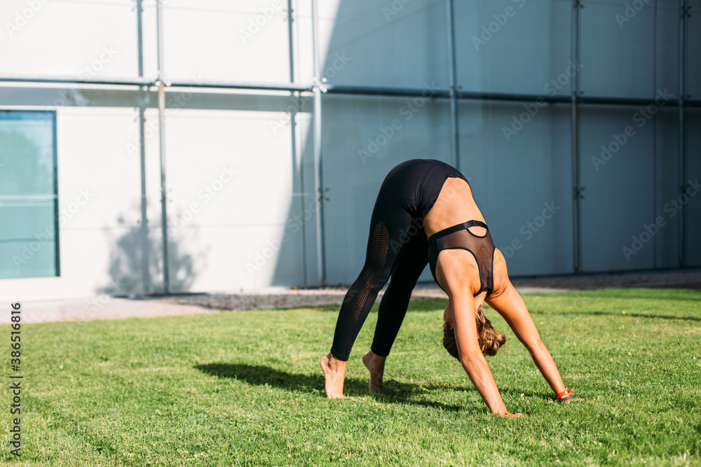 Fototapeta premium Young sport woman doing yoga pose on the lawn
