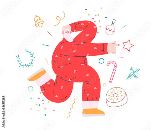 Dancing Santa - Christmas and New Year party - modern flat vector concept illustration of cheerful Santa Claus dancing wearing pajamas
