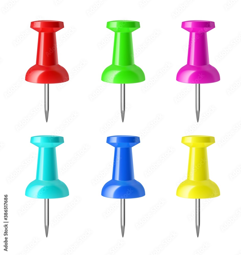Set of colorful push pins isolated on white background. Thumbtack. Vector illustration. Set of colorful push pins isolated on white background. Thumbtack. Vector illustration.