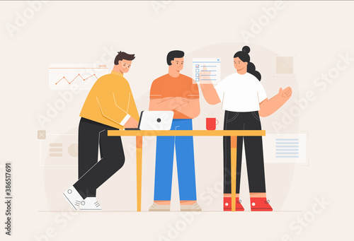 Business communication in modern office with line icon. Teamwork in coworking space. Office workflow man and woman employees and team building. Flat style vector illustration.