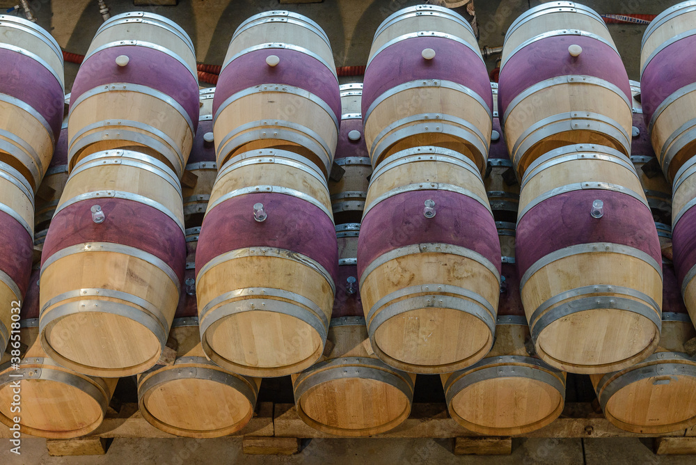 Barricas de roble para almacenar el vino tinto en la bodega, La Rioja , España Barricas de roble para almacenar el vino tinto en la bodega, La Rioja , España
