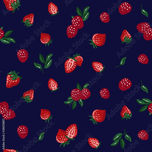 Red berries on navy background. Seamless pattern. Vector