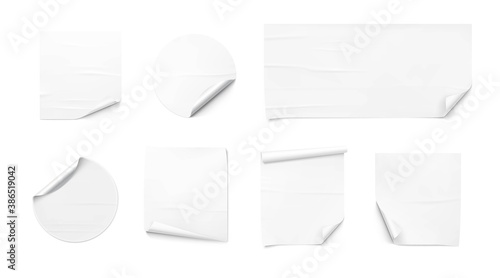Set of curled glued stickers. Vector illustration isolated on white background.