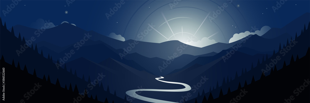 Night Valley Mountains and Moon Scene Panoramic Banner