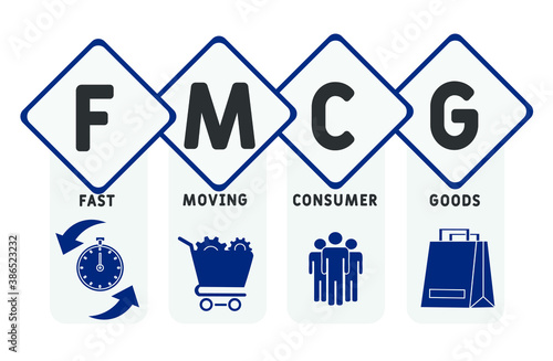 FMCG - Fast Moving Consumer Goods acronym  business concept background. vector illustration concept with keywords and icons. lettering illustration with icons for web banner, flyer, landing page