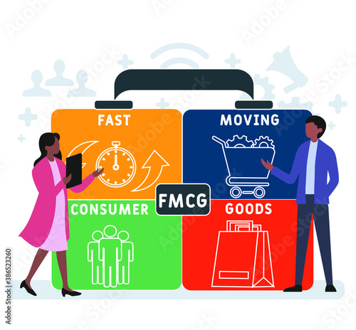 Flat design with people. FMCG - Fast Moving Consumer Goods  acronym. business concept background. Vector illustration for website banner, marketing materials, business presentation, online advertising