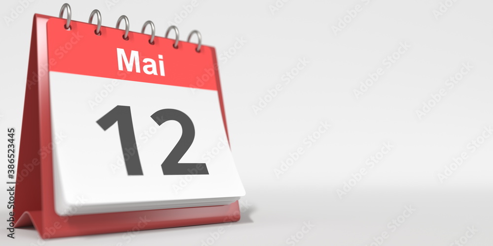May 12 date written in French on the flip calendar page, 3d rendering May 12 date written in French on the flip calendar page, 3d rendering
