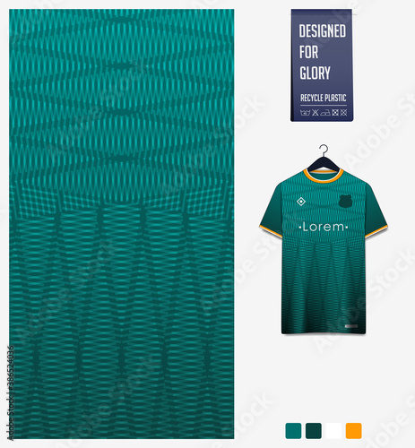 Fabric pattern design. Geometric pattern on green background for soccer jersey, football kit or sports uniform. T-shirt mockup template. Abstract sport background.