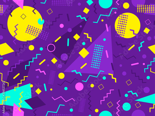 Seamless pattern with geometric shapes in the style of the 80s. Multicolored vintage background with triangles  circles and squares for brochures  banners and wrapping paper. Vector illustration