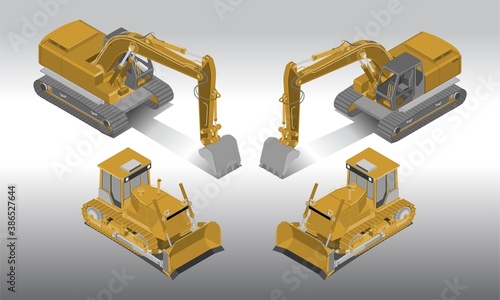 3D Isometric Construction Machinery, Bulldozer and Excavator