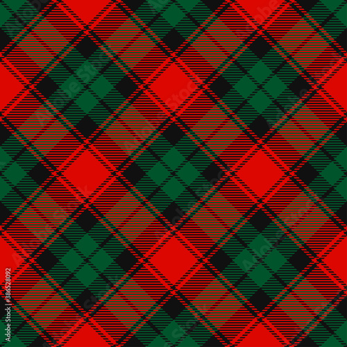 Christmas Red, Dark Green and Black Tartan Plaid Vector Seamless Pattern. Rustic Xmas Background. Traditional Scottish Woven Fabric. Lumberjack Shirt Flannel Textile. Pattern Tile Swatch Included.