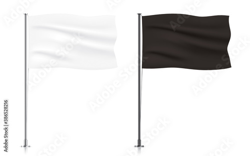 Set of white and black waving flag templates. Blank horizontal flags hanging on a metallic pillar, isolated on a white background. Realistic vector flag mockup.