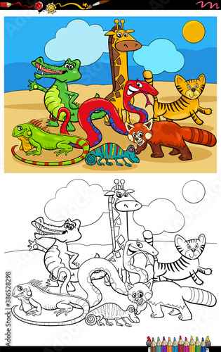 cartoon funny wild animals group coloring book page