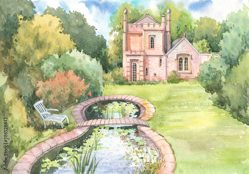 Small Garden Castle Molly's Lodge, built in 1830 in Warwickshire in England, is the smallest castle in Great Britain. Molly's Lodge is painted with watercolors. photo