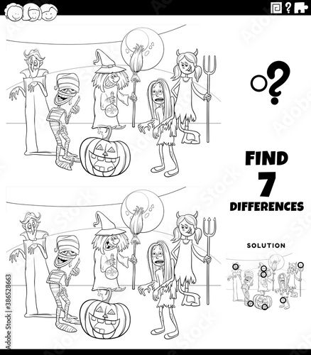 differences game with Halloween characters coloring book page