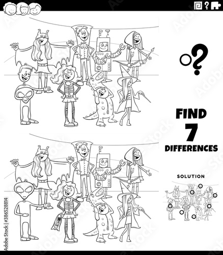 differences task with Halloween characters coloring book page