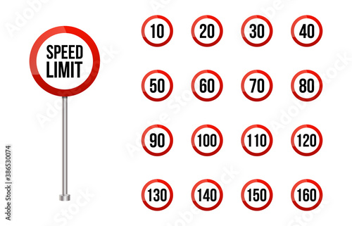 Speed limitation road sign set.Rounded road speed limit signs set isolated on white. Realistic red road sign set.
