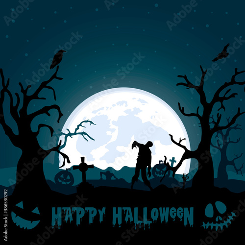 Dark cemetery and zombies illustration. Happy Halloween. Vector landscape. Bright moon, zombies, ravens, graves, lanterns, trees illustration.