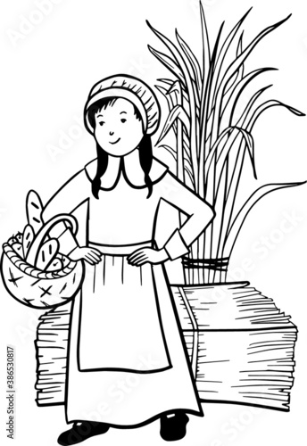 Thanksgiving - Pilgrim Girl Holding a Basket with Bread