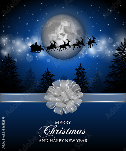 merry christmas poster. santa claus sleigh flying on the sky in front of the full moon and silver bow with ribbon