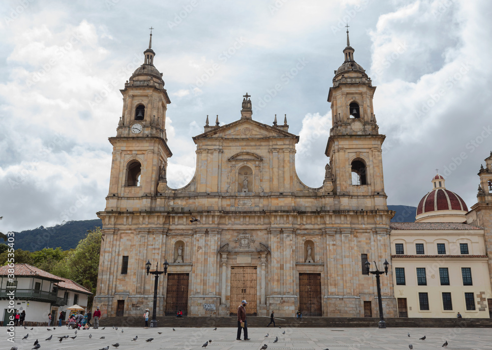 BOGOTA, COLOMBIA -  Primatial Cathedral at bolivar square with cloudy sunny day at background