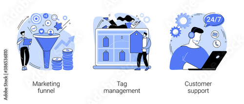 E-marketing abstract concept vector illustration set. Marketing funnel, tag management, customer support, product cycle, data collection, analytic software, online chat, help center abstract metaphor.