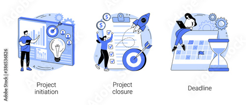 Project lifecycle abstract concept vector illustration set. Project initiation and closure, deadline, documentation, business analysis, stakeholder approval, work time, due date abstract metaphor.