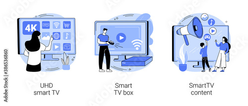 Watch TV abstract concept vector illustration set. UHD smart TV, smart TV box, 4k video content, home entertainment movie theatre, online video service, leisure time, television abstract metaphor.