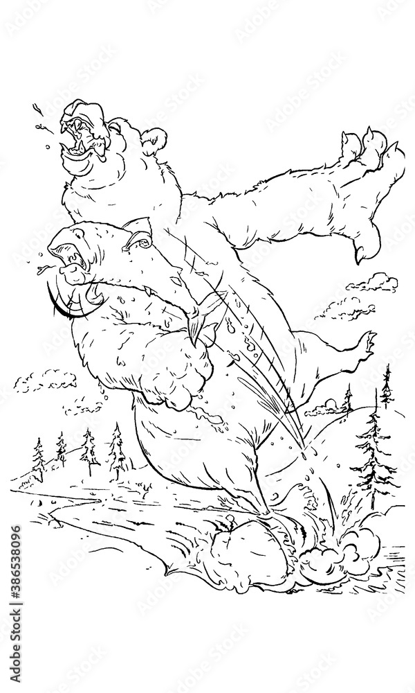 Hand-drawn mountain scene of a bear catching a large fish at the edge of a waterfall. Hand-drawn mountain scene of a bear catching a large fish at the edge of a waterfall.