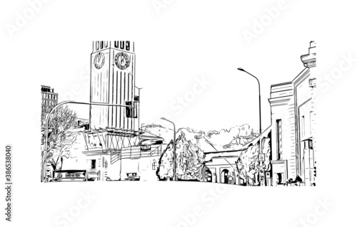 Building view with landmark of Bolzano is a city in the South Tyrol province of north Italy. Hand drawn sketch illustration in vector.