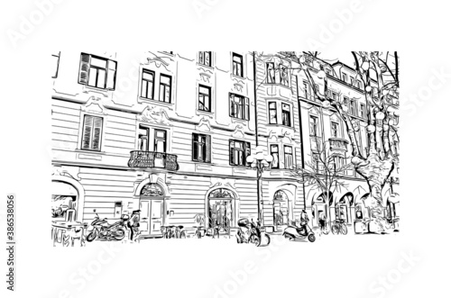 Building view with landmark of Bolzano is a city in the South Tyrol province of north Italy. Hand drawn sketch illustration in vector.