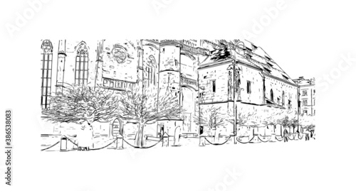 Building view with landmark of Bolzano is a city in the South Tyrol province of north Italy. Hand drawn sketch illustration in vector.