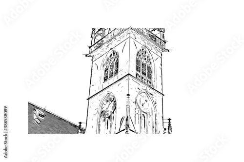 Building view with landmark of Bolzano is a city in the South Tyrol province of north Italy. Hand drawn sketch illustration in vector.