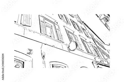 Building view with landmark of Bolzano is a city in the South Tyrol province of north Italy. Hand drawn sketch illustration in vector.