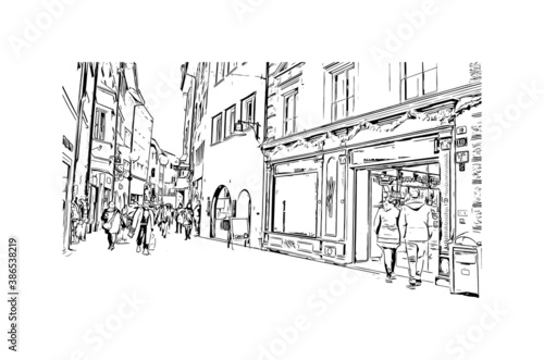 Building view with landmark of Bolzano is a city in the South Tyrol province of north Italy. Hand drawn sketch illustration in vector.